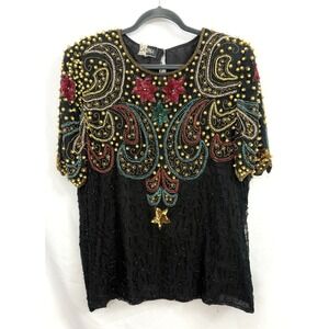 Vintage Carina 100% Silk Black Beaded Sequin Evening Top Womens Size 2X *FLAWS